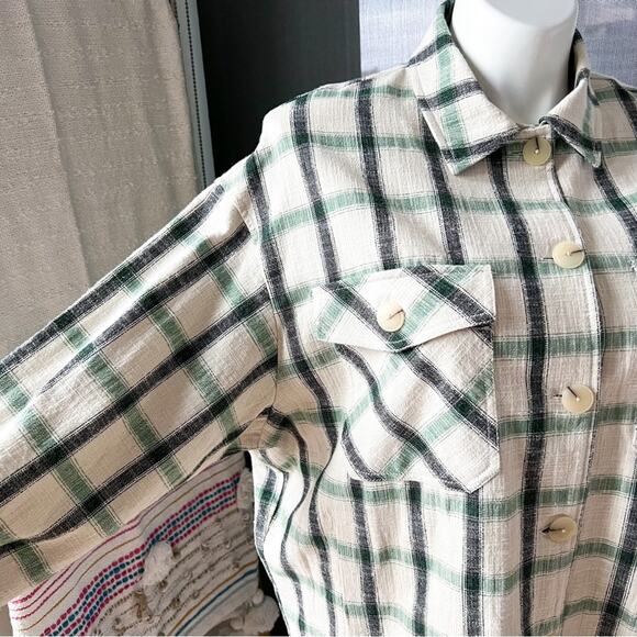 ZARA Green Cream Plaid Oversized Button Down Overshirt Shacket Womens Size Large - Picture 7 of 10